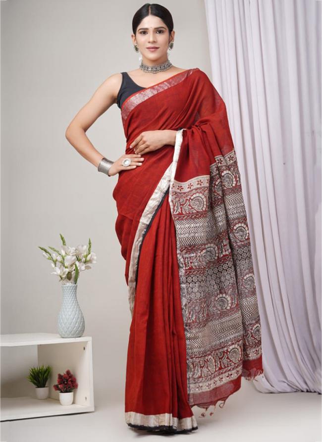 Cotton  Red Daily Wear Printed Saree